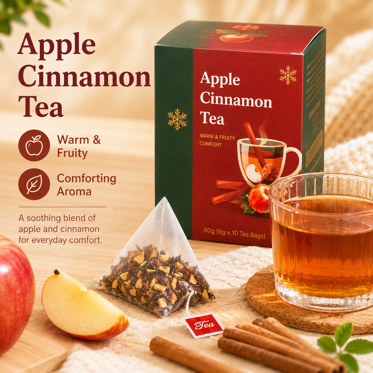 Afternoon Tea Gift Set Fluffy Swiss Roll Cake & Apple Cinnamon Tea Combo, Coconut Tiramisu Flavored Rolled Cake, Warm Cozy Pyramid Tea Bags Value Pack