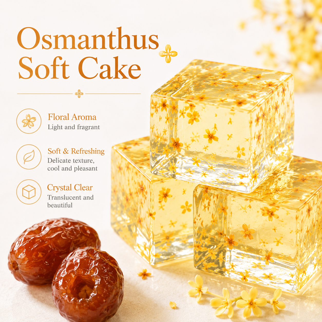 Honey Jujube & Osmanthus Soft Cake Delicious Combo Set, Naturally Sweet Chewy Red Dates with Light Floral Refreshing Crystal Cake