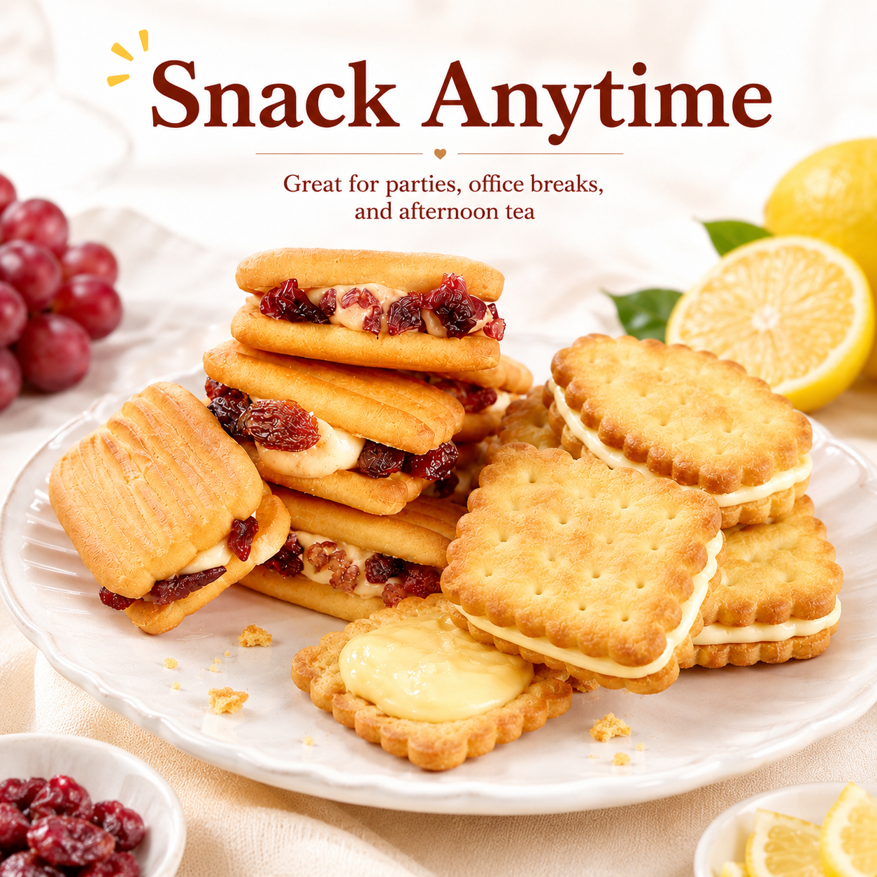 2 Flavor Sandwich Biscuits Combo Pack, Cream Filling Crisp Shortbread with Real Fruit Pieces & Refreshing Lemon Cream Cracker Cookies, Office Tea Break Snacks