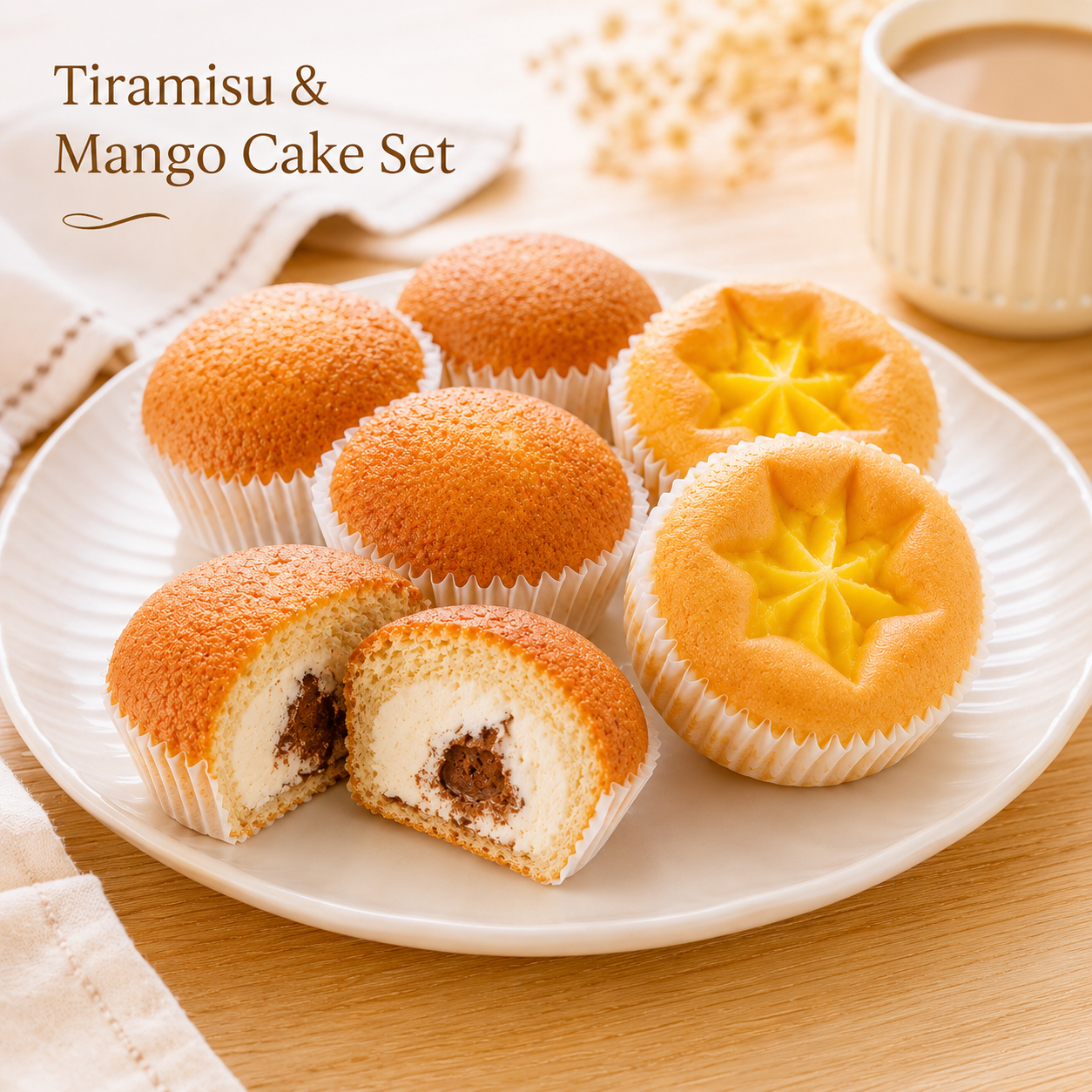 Dual Layer Tiramisu Flavor Cream & Cocoa Filled Muffin & Tropical Mango Custard Egg Tart Bread Combo, Gourmet Coffee Time Snacks