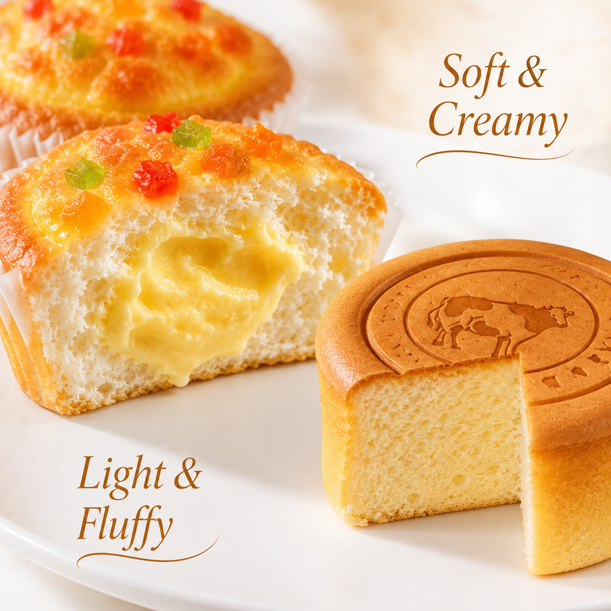Fluffy Light Cheesecake with Cute Cow Stamp & Ultra-Soft Custard Filled Cupcake with Dried Fruits Combo, Kids Lunchbox Snacks