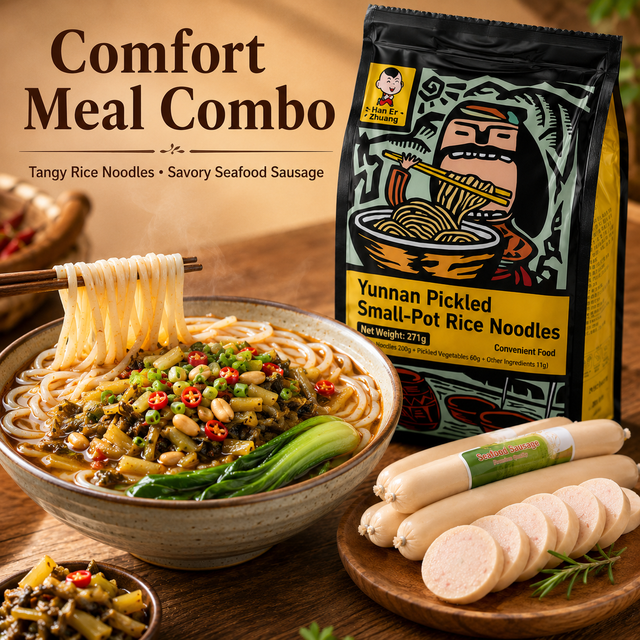 Authentic Yunnan Spicy & Sour Rice Noodle Kit with Pickled Cabbage & Meat Sauce, Pairs with Ready-to-Eat Seafood Flavored Sausage Combo, Quick Instant Meal