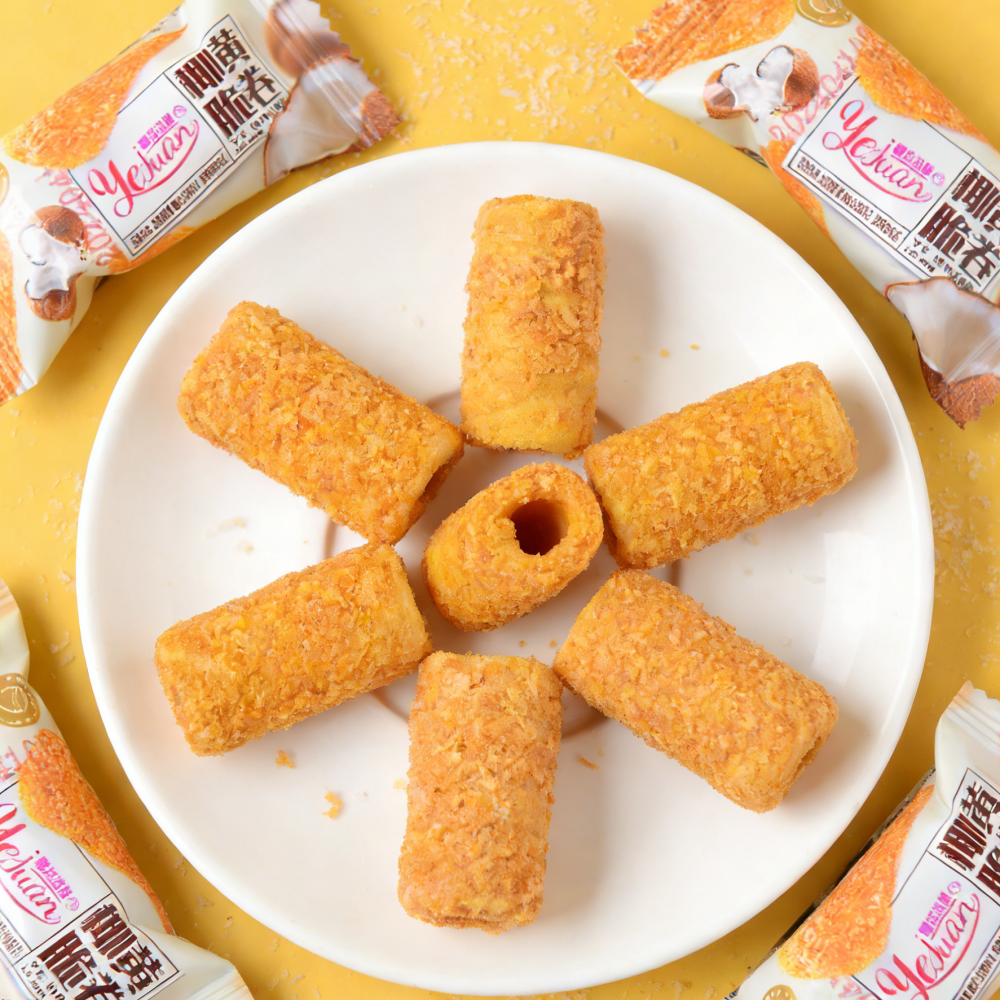 7.95oz/1bag Coconut Yellow Crispy Rolls,Light & Crispy Fried Roll Pastry Infused with Coconut Flavor, Sweet, Fragrant & Addictively Crunchy, Tropical Snack Perfect for Tea Time or a Sweet Craving