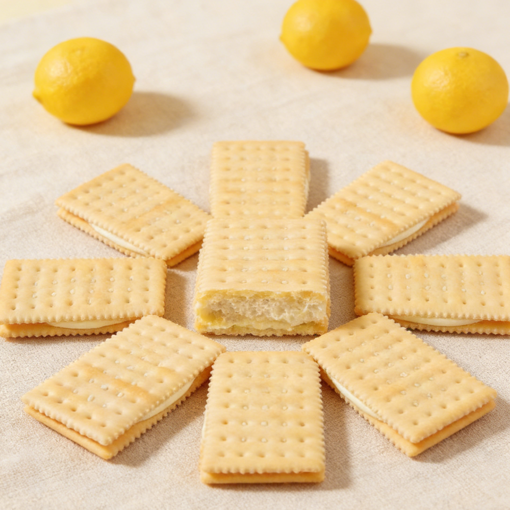 12.14oz/1box [Da'erdun] Soda Sandwich Cookies Lemon Flavor,Crispy & Airy Soda Crackers with Zesty Lemon Cream Filling, Light, Refreshing & Not Too Sweet, Perfect Snack for Tea, Kids' Lunch Box, or a Thirst Quencher