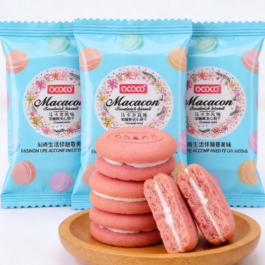 13.4oz/1bag Macaron Flavor Strawberry Flavor Sandwich Cookies,Crispy, Delicate Cookies with Strawberry Cream Filling, Inspired by French Patisserie, Elegant Treat for Afternoon Tea, Gifting, or a Luxurious Snack