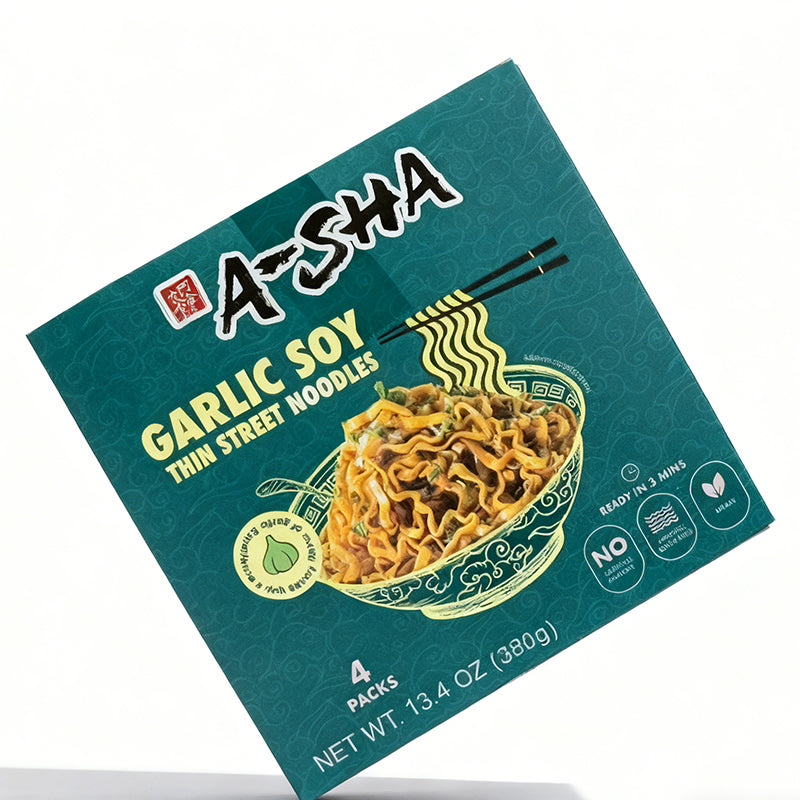 13.4oz（4 Packaging）A-SHA Garlic Soy Sauce Thin Noodles,Christmas Gifts，Party Snacks
