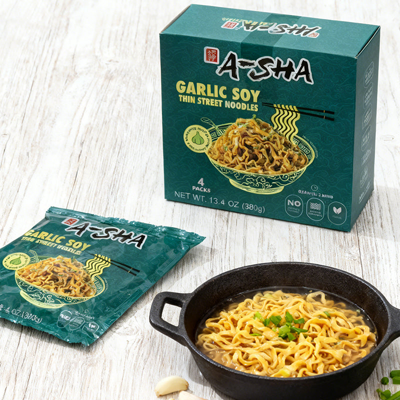 13.4oz（4 Packaging）A-SHA Garlic Soy Sauce Thin Noodles,Christmas Gifts，Party Snacks