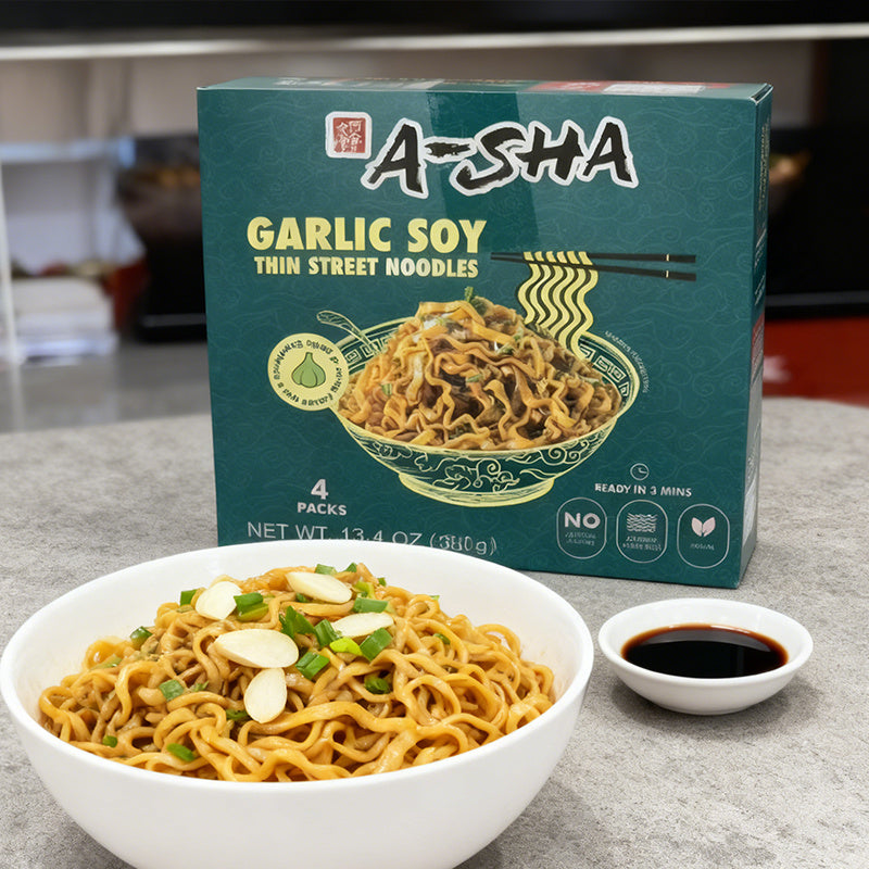 13.4oz（4 Packaging）A-SHA Garlic Soy Sauce Thin Noodles,Christmas Gifts，Party Snacks