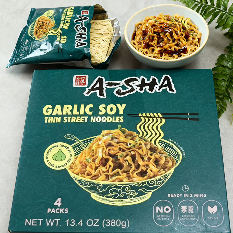 13.4oz（4 Packaging）A-SHA Garlic Soy Sauce Thin Noodles,Christmas Gifts，Party Snacks