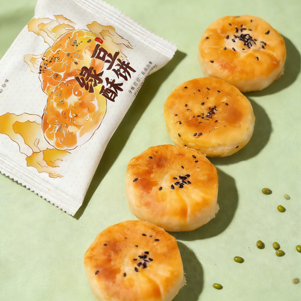 15.63oz/1bag(Includes 15 packages) Green Bean Crisp Cake,Light & Crispy Baked Snack Made from Mung Beans, Naturally Savory Flavor, Individually Wrapped for a Guilt-Free Treat, Perfect with Tea or as a Light Bite