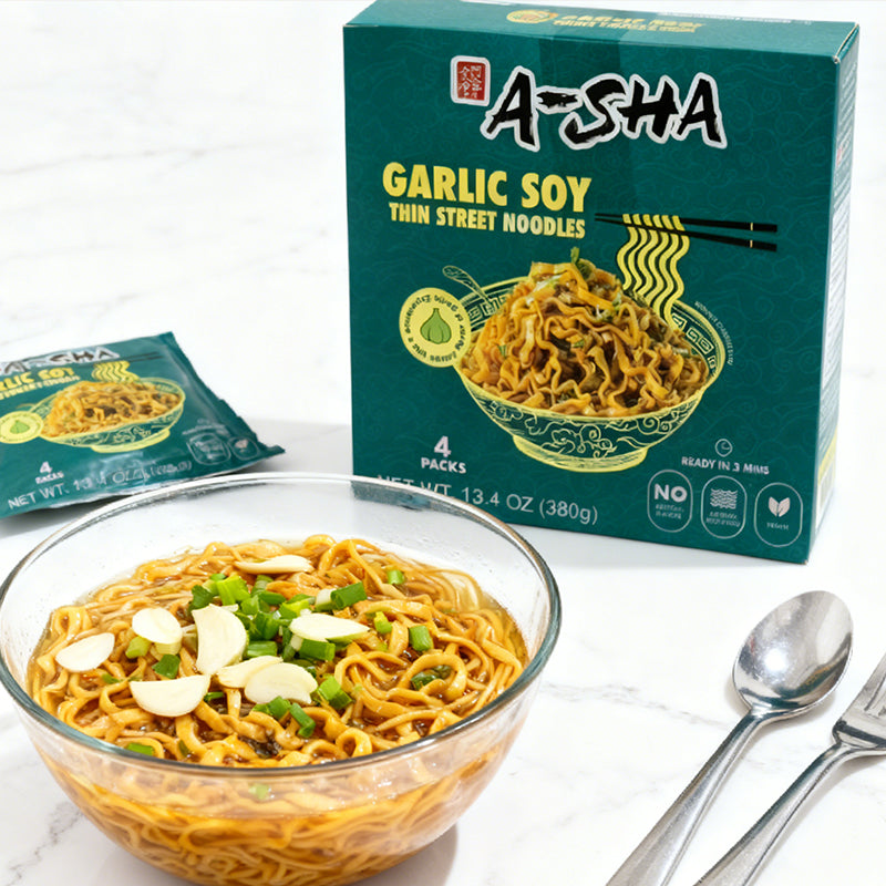 13.4oz（4 Packaging）A-SHA Garlic Soy Sauce Thin Noodles,Christmas Gifts，Party Snacks
