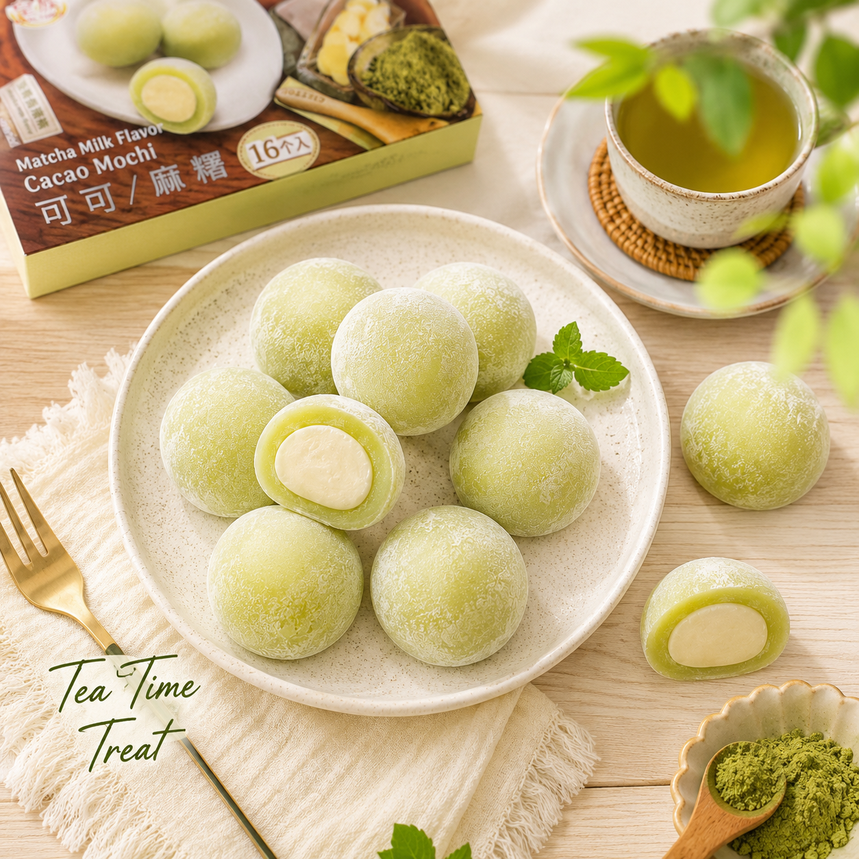 Matcha Milk Mochi Soft and Chewy Cacao Rice Cake, Premium Asian Sweet Treats Tea Dessert