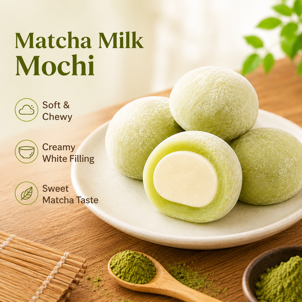 Matcha Milk Mochi Soft and Chewy Cacao Rice Cake, Premium Asian Sweet Treats Tea Dessert