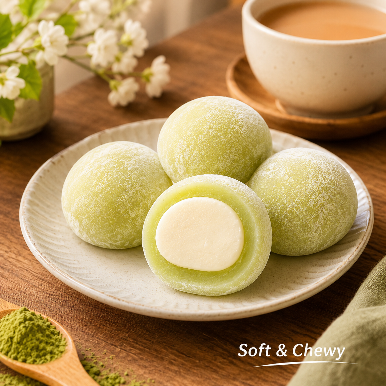 Matcha Milk Mochi Soft and Chewy Cacao Rice Cake, Premium Asian Sweet Treats Tea Dessert