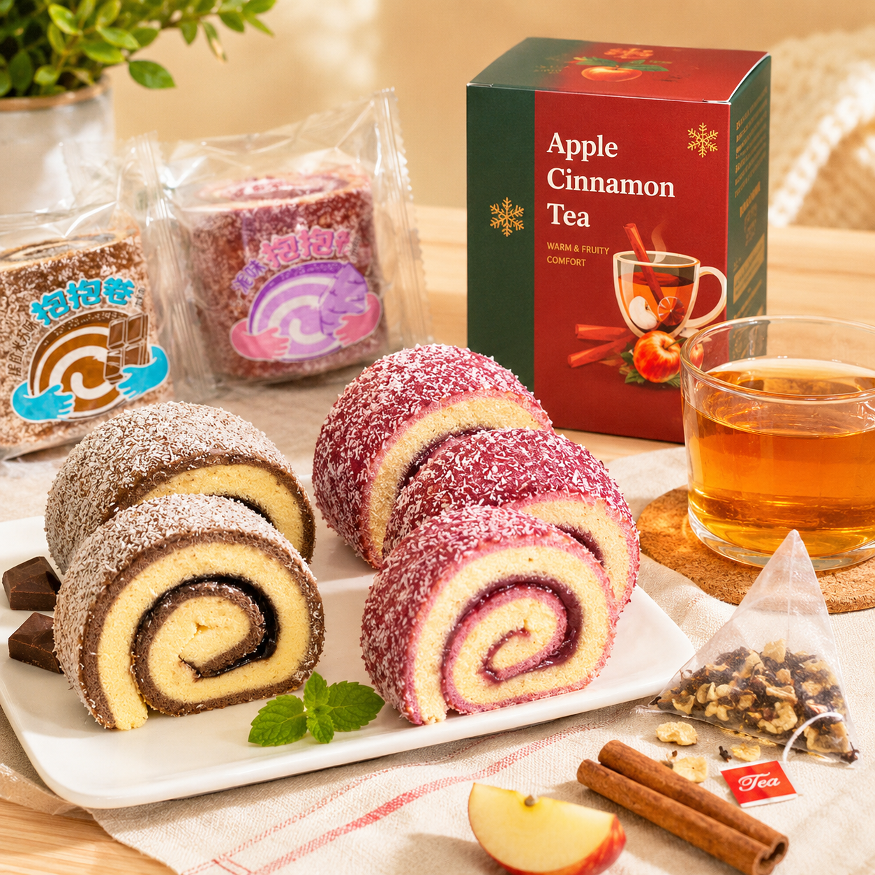 Afternoon Tea Gift Set Fluffy Swiss Roll Cake & Apple Cinnamon Tea Combo, Coconut Tiramisu Flavored Rolled Cake, Warm Cozy Pyramid Tea Bags Value Pack