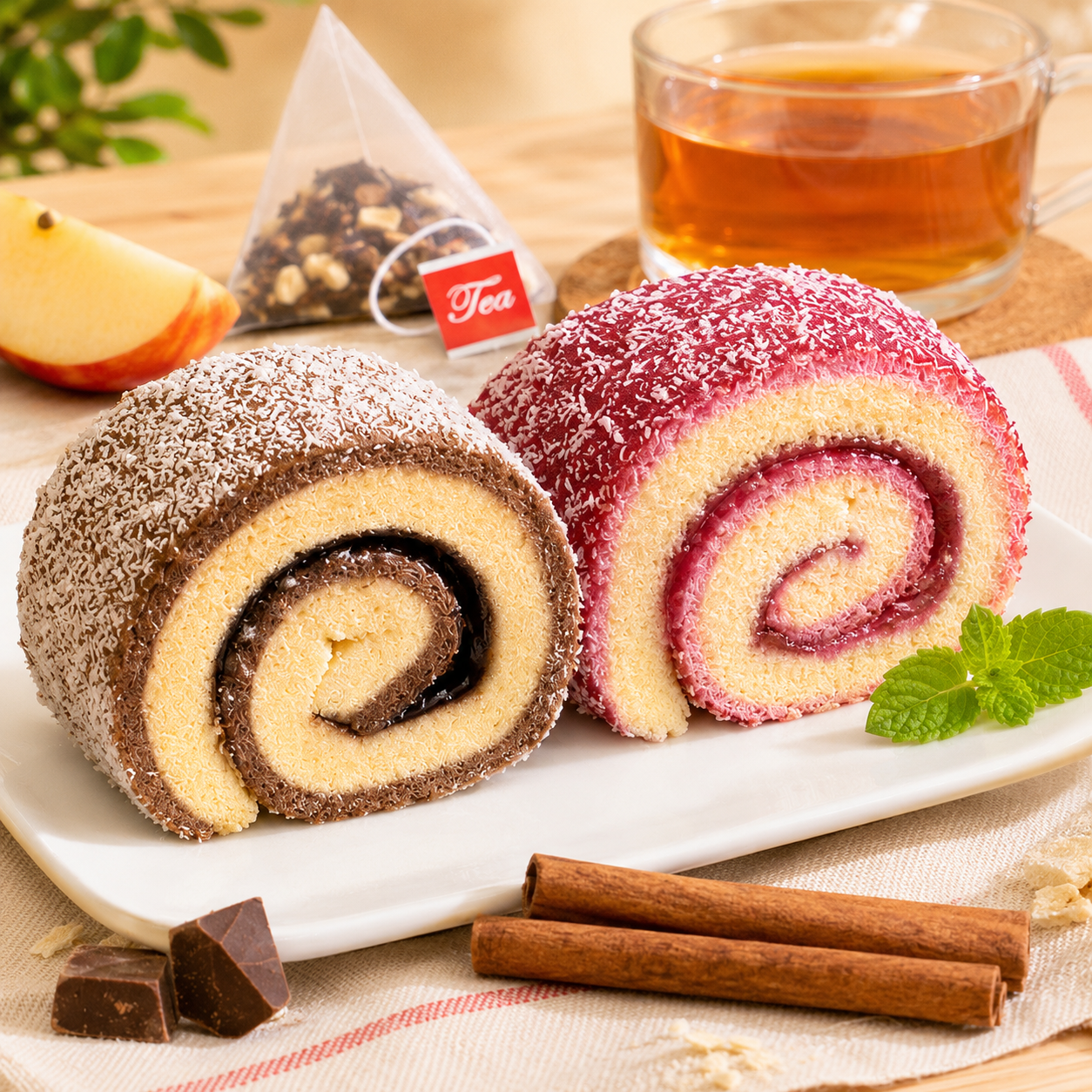 Afternoon Tea Gift Set Fluffy Swiss Roll Cake & Apple Cinnamon Tea Combo, Coconut Tiramisu Flavored Rolled Cake, Warm Cozy Pyramid Tea Bags Value Pack