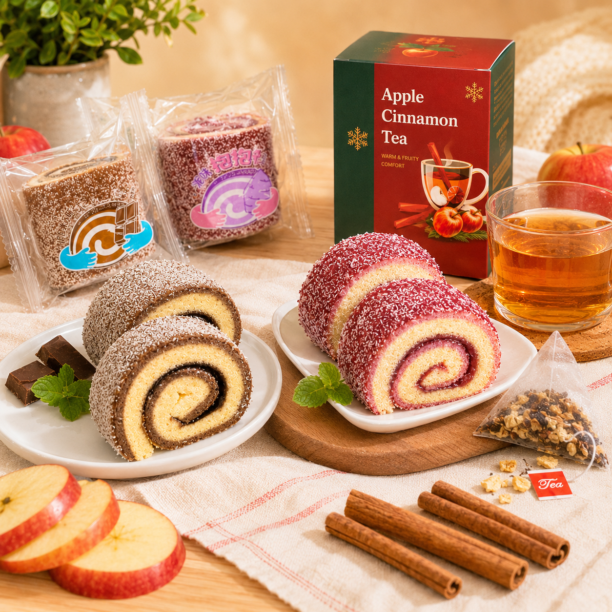 Afternoon Tea Gift Set Fluffy Swiss Roll Cake & Apple Cinnamon Tea Combo, Coconut Tiramisu Flavored Rolled Cake, Warm Cozy Pyramid Tea Bags Value Pack