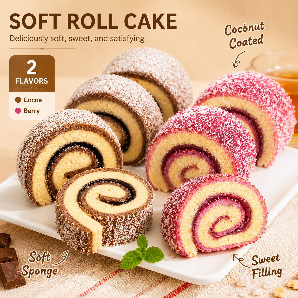 Afternoon Tea Gift Set Fluffy Swiss Roll Cake & Apple Cinnamon Tea Combo, Coconut Tiramisu Flavored Rolled Cake, Warm Cozy Pyramid Tea Bags Value Pack