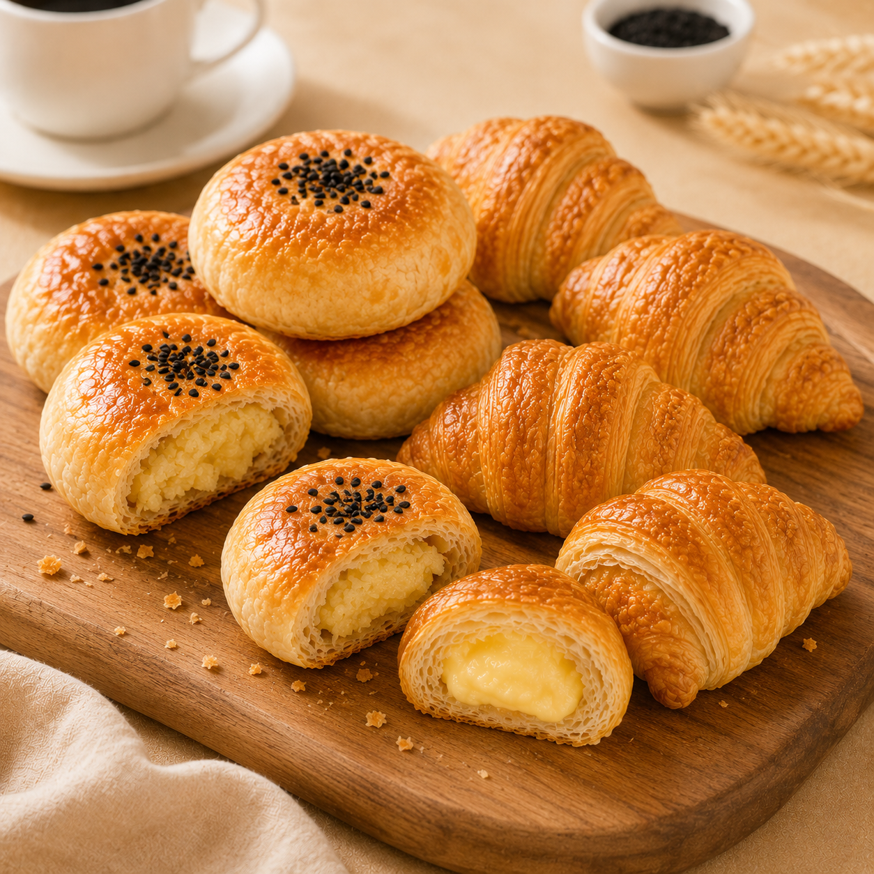 Two Bakery Favorites Assorted Pack, Flaky Mung Bean Pastry & Cream Filled Croissant Combo, Ready to Enjoy Breakfast & Sharing Snacks