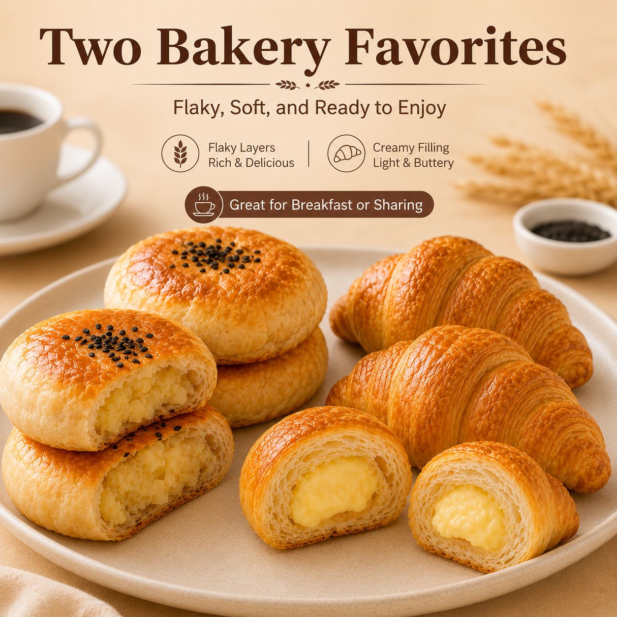 Two Bakery Favorites Assorted Pack, Flaky Mung Bean Pastry & Cream Filled Croissant Combo, Ready to Enjoy Breakfast & Sharing Snacks