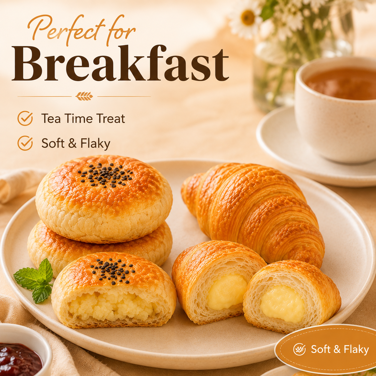 Two Bakery Favorites Assorted Pack, Flaky Mung Bean Pastry & Cream Filled Croissant Combo, Ready to Enjoy Breakfast & Sharing Snacks