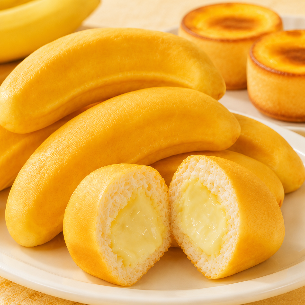 Dessert Combo Pack, Soft Banana Shaped Cake with Creamy Filling & Japanese Style Caramel Cheese Pudding Cake