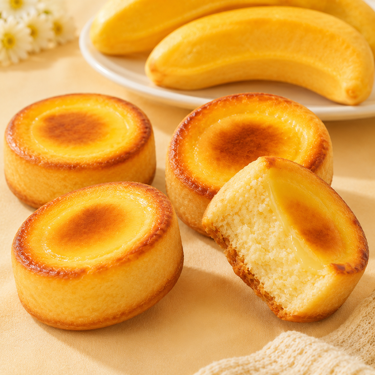Dessert Combo Pack, Soft Banana Shaped Cake with Creamy Filling & Japanese Style Caramel Cheese Pudding Cake