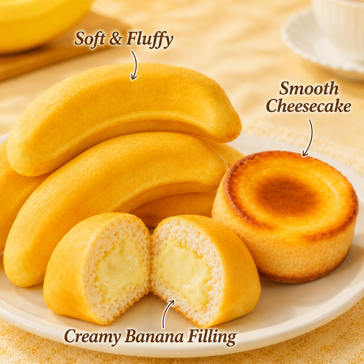 Dessert Combo Pack, Soft Banana Shaped Cake with Creamy Filling & Japanese Style Caramel Cheese Pudding Cake