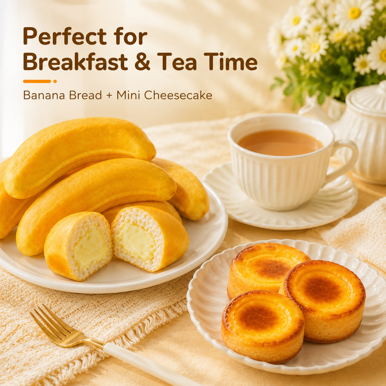 Dessert Combo Pack, Soft Banana Shaped Cake with Creamy Filling & Japanese Style Caramel Cheese Pudding Cake
