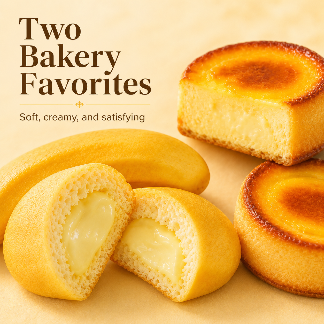Dessert Combo Pack, Soft Banana Shaped Cake with Creamy Filling & Japanese Style Caramel Cheese Pudding Cake