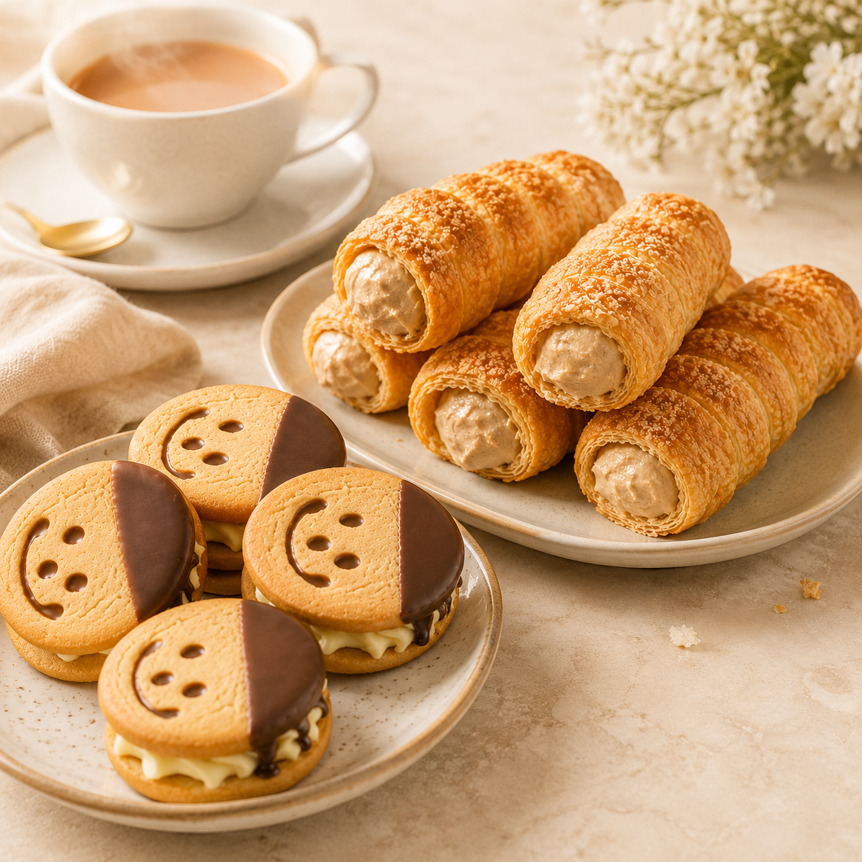 Flaky Puff Pastry Cream Horns & Chocolate Dipped Smiley Face Cream Sandwich Cake Combo, Sweet Tea Party Snacks