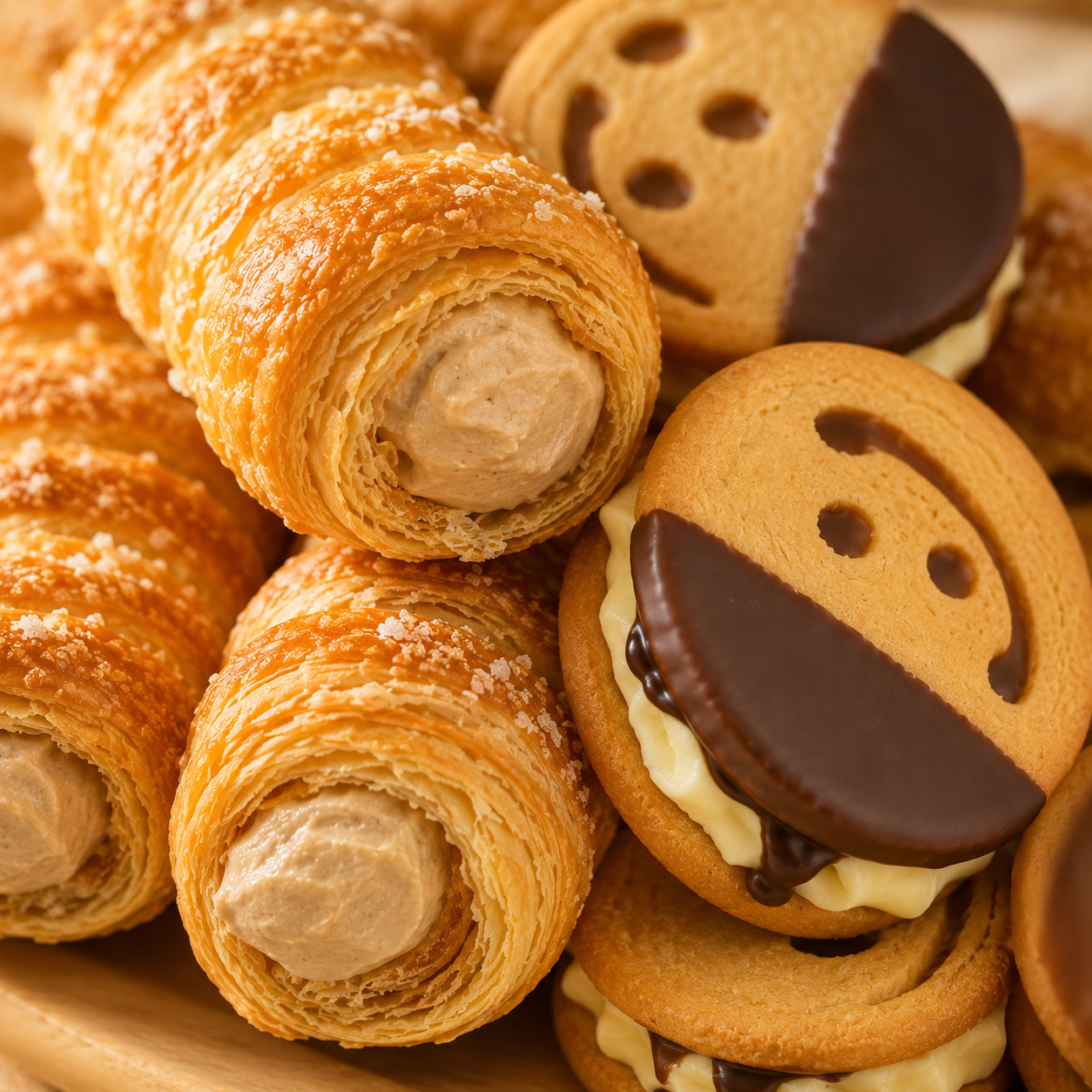 Flaky Puff Pastry Cream Horns & Chocolate Dipped Smiley Face Cream Sandwich Cake Combo, Sweet Tea Party Snacks