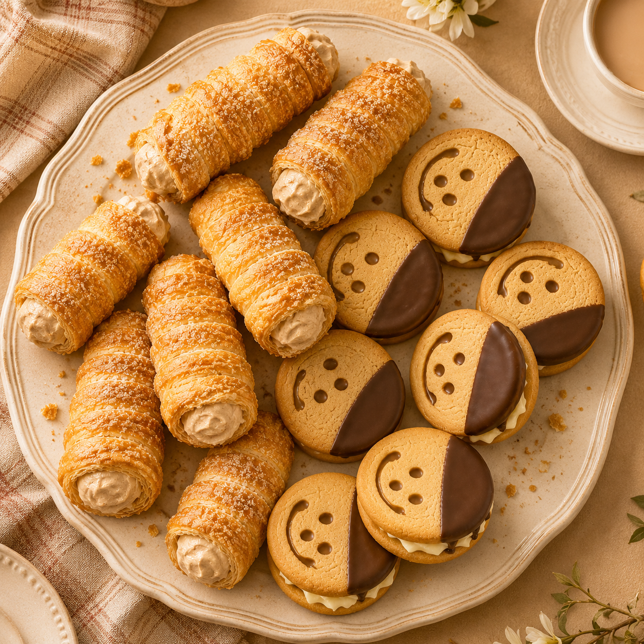 Flaky Puff Pastry Cream Horns & Chocolate Dipped Smiley Face Cream Sandwich Cake Combo, Sweet Tea Party Snacks