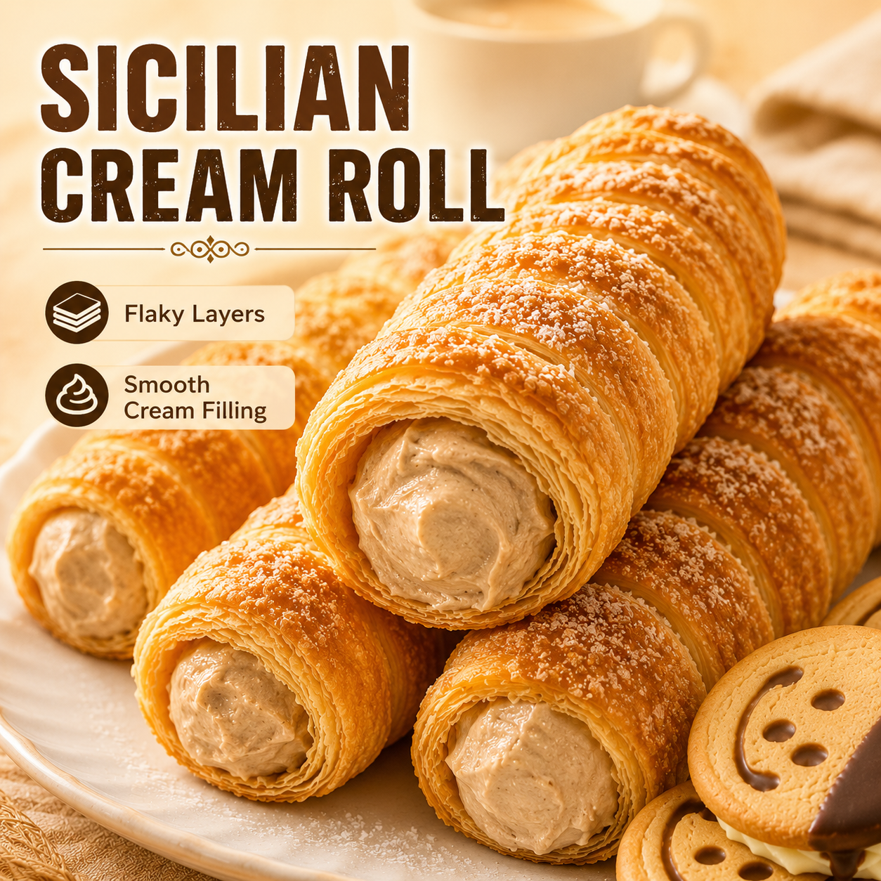 Flaky Puff Pastry Cream Horns & Chocolate Dipped Smiley Face Cream Sandwich Cake Combo, Sweet Tea Party Snacks