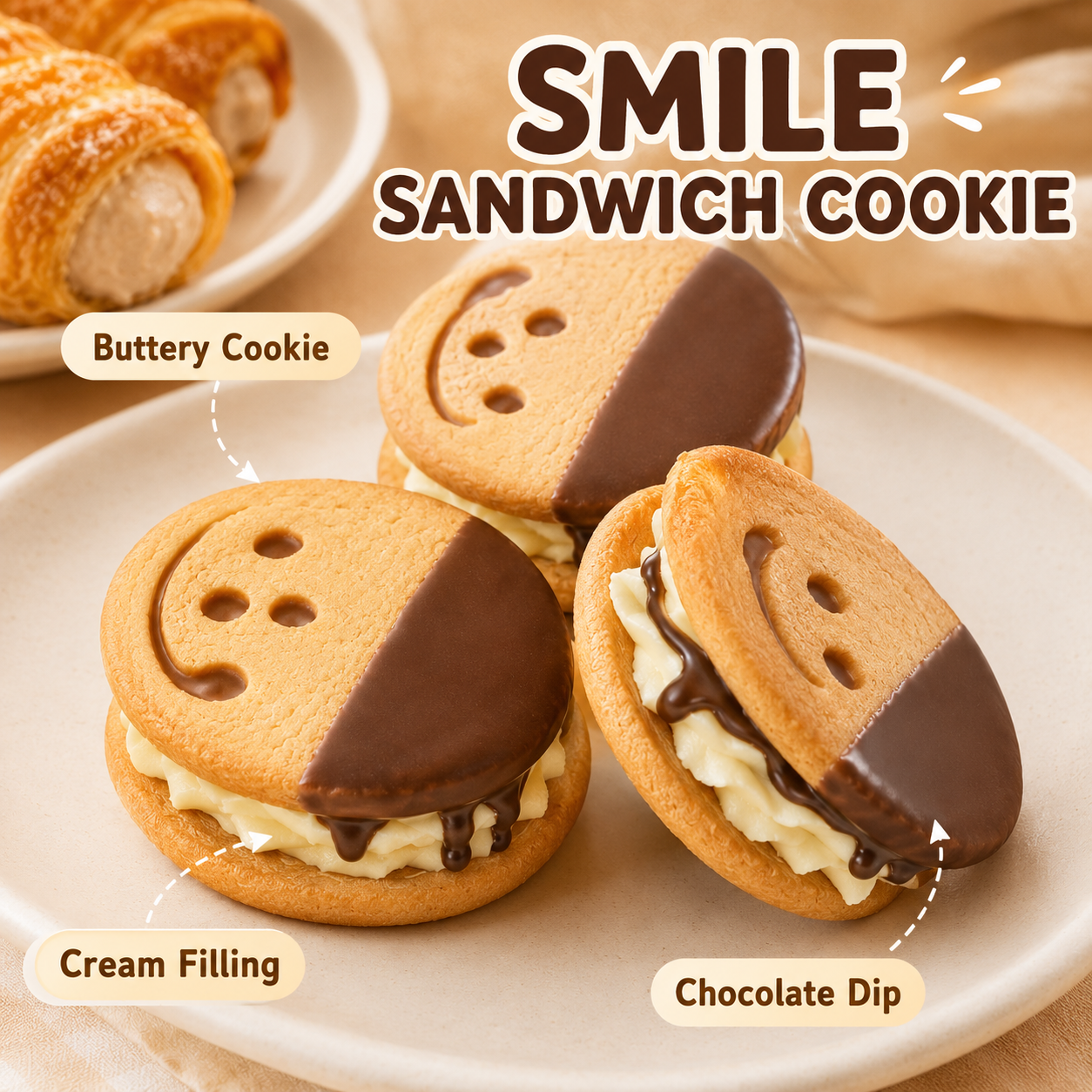 Flaky Puff Pastry Cream Horns & Chocolate Dipped Smiley Face Cream Sandwich Cake Combo, Sweet Tea Party Snacks
