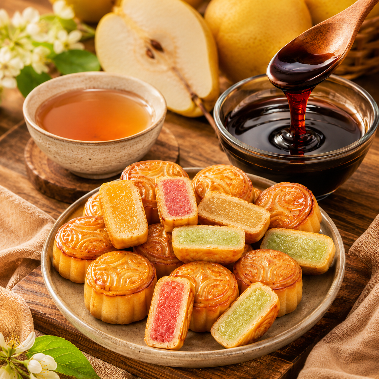 Assorted Mini Fruit Mooncakes & Autumn Pear Paste Combo, Mixed Flavors Soft Crust Pastry with Herbal Pear Syrup Wellness Tea Pack
