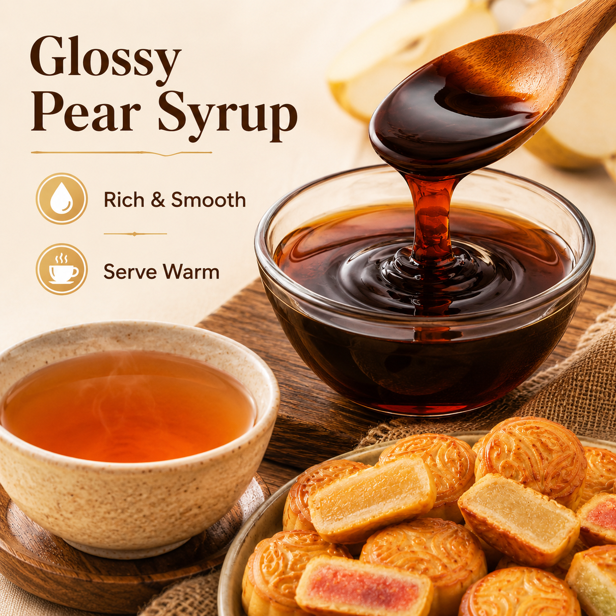 Assorted Mini Fruit Mooncakes & Autumn Pear Paste Combo, Mixed Flavors Soft Crust Pastry with Herbal Pear Syrup Wellness Tea Pack