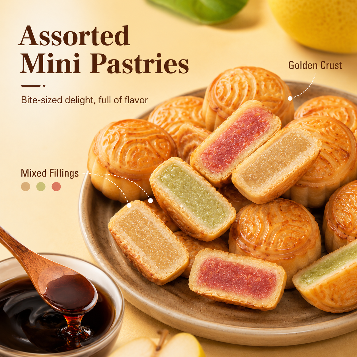 Assorted Mini Fruit Mooncakes & Autumn Pear Paste Combo, Mixed Flavors Soft Crust Pastry with Herbal Pear Syrup Wellness Tea Pack