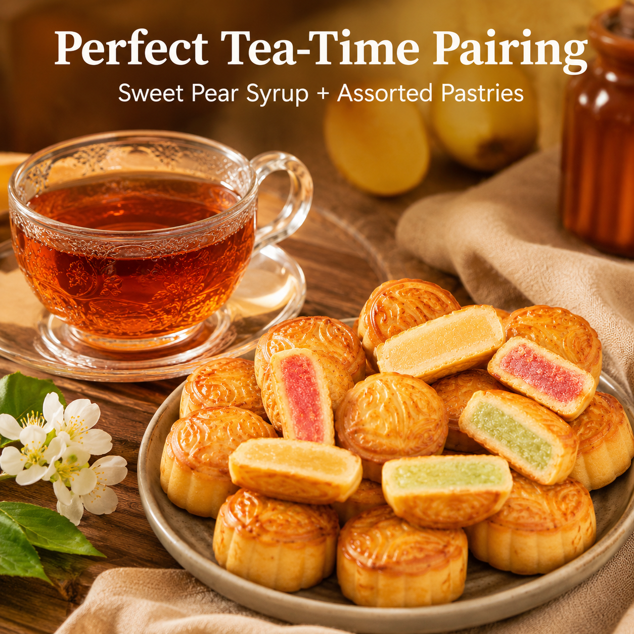 Assorted Mini Fruit Mooncakes & Autumn Pear Paste Combo, Mixed Flavors Soft Crust Pastry with Herbal Pear Syrup Wellness Tea Pack