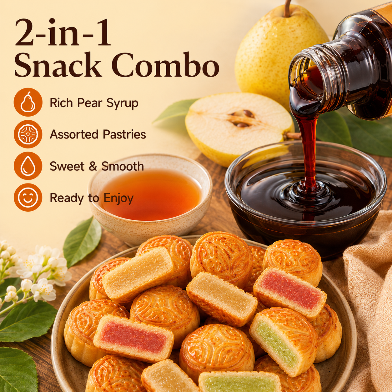 Assorted Mini Fruit Mooncakes & Autumn Pear Paste Combo, Mixed Flavors Soft Crust Pastry with Herbal Pear Syrup Wellness Tea Pack