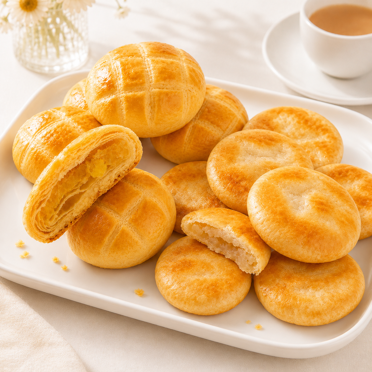 Traditional Cantonese Pastry Assorted Pack, Golden Flaky Pineapple Shortcrust Pastry & Sweet Winter Melon Wife Cake Combo, Authentic Asian Tea Snacks