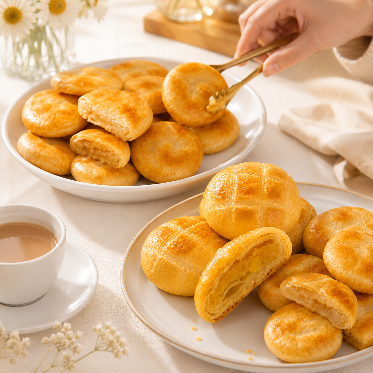 Traditional Cantonese Pastry Assorted Pack, Golden Flaky Pineapple Shortcrust Pastry & Sweet Winter Melon Wife Cake Combo, Authentic Asian Tea Snacks
