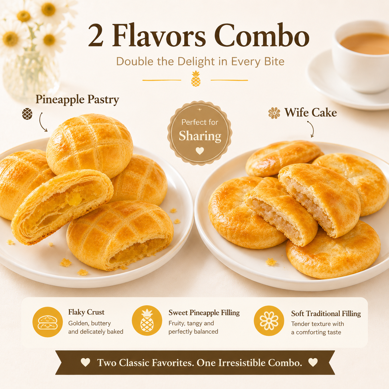 Traditional Cantonese Pastry Assorted Pack, Golden Flaky Pineapple Shortcrust Pastry & Sweet Winter Melon Wife Cake Combo, Authentic Asian Tea Snacks