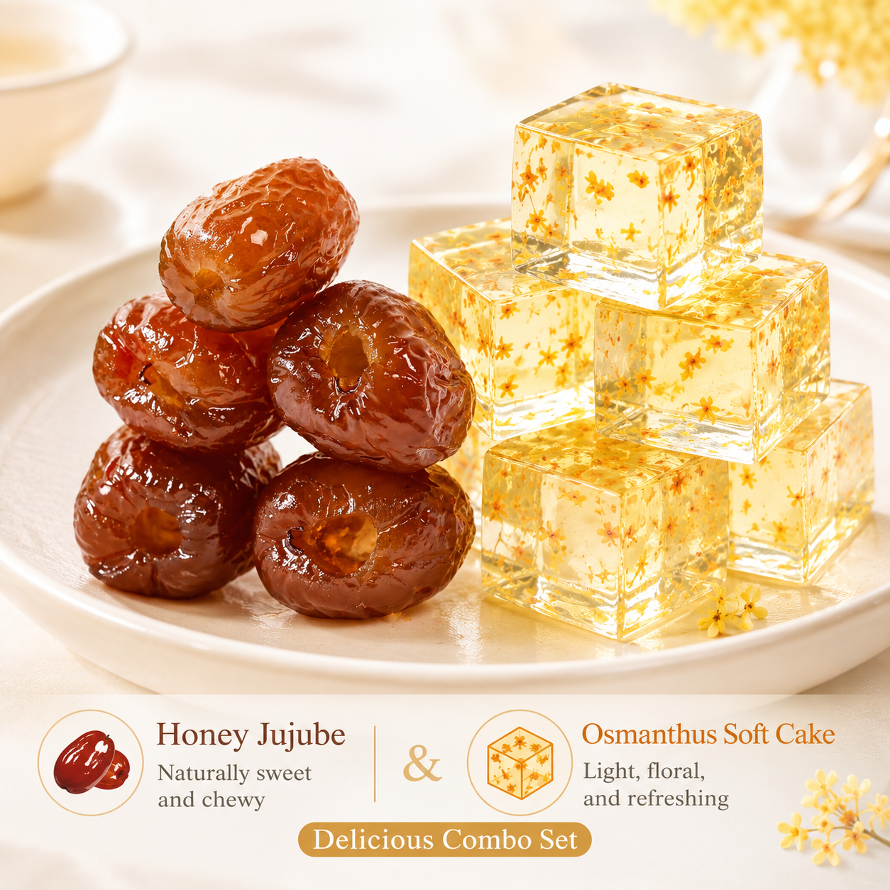Honey Jujube & Osmanthus Soft Cake Delicious Combo Set, Naturally Sweet Chewy Red Dates with Light Floral Refreshing Crystal Cake