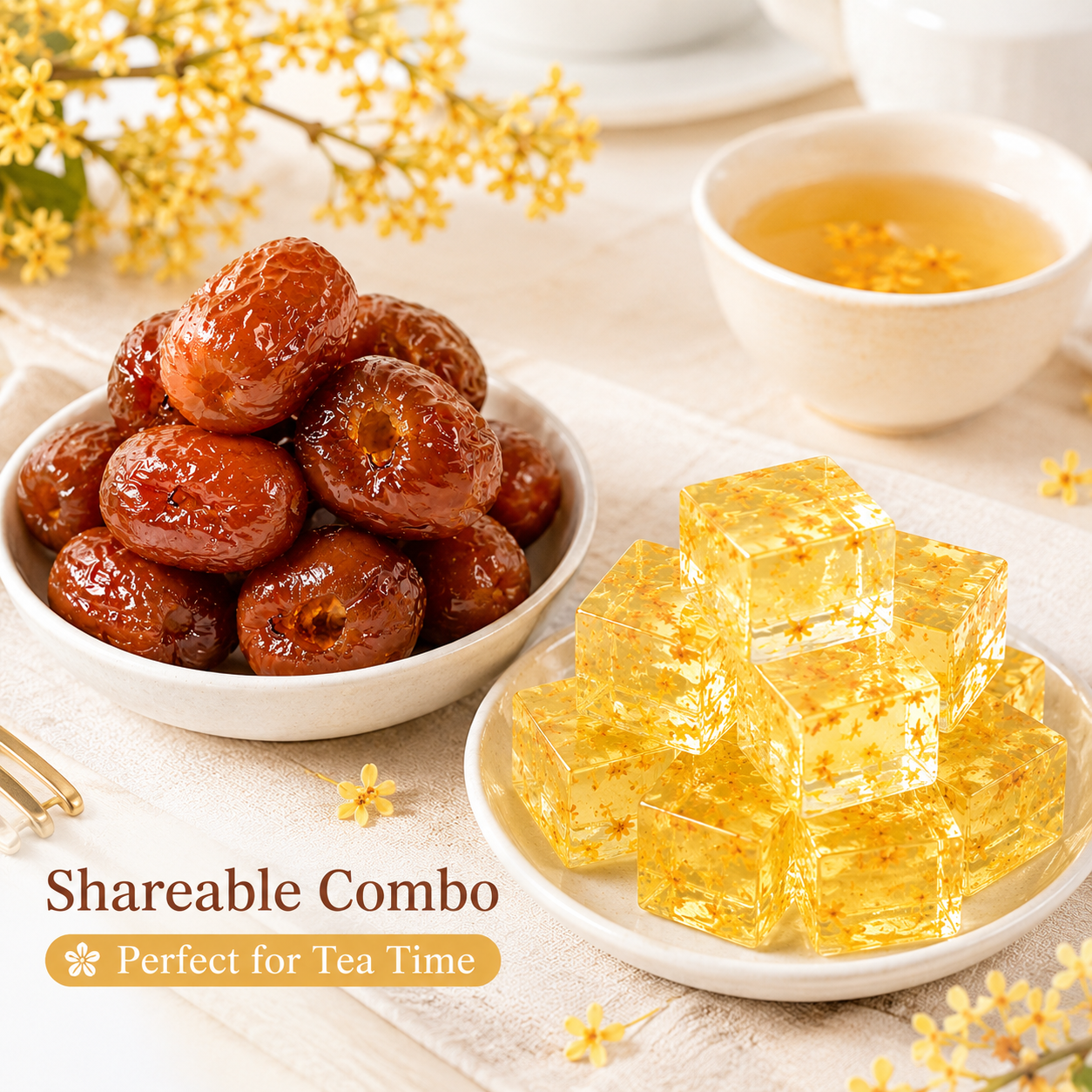 Honey Jujube & Osmanthus Soft Cake Delicious Combo Set, Naturally Sweet Chewy Red Dates with Light Floral Refreshing Crystal Cake