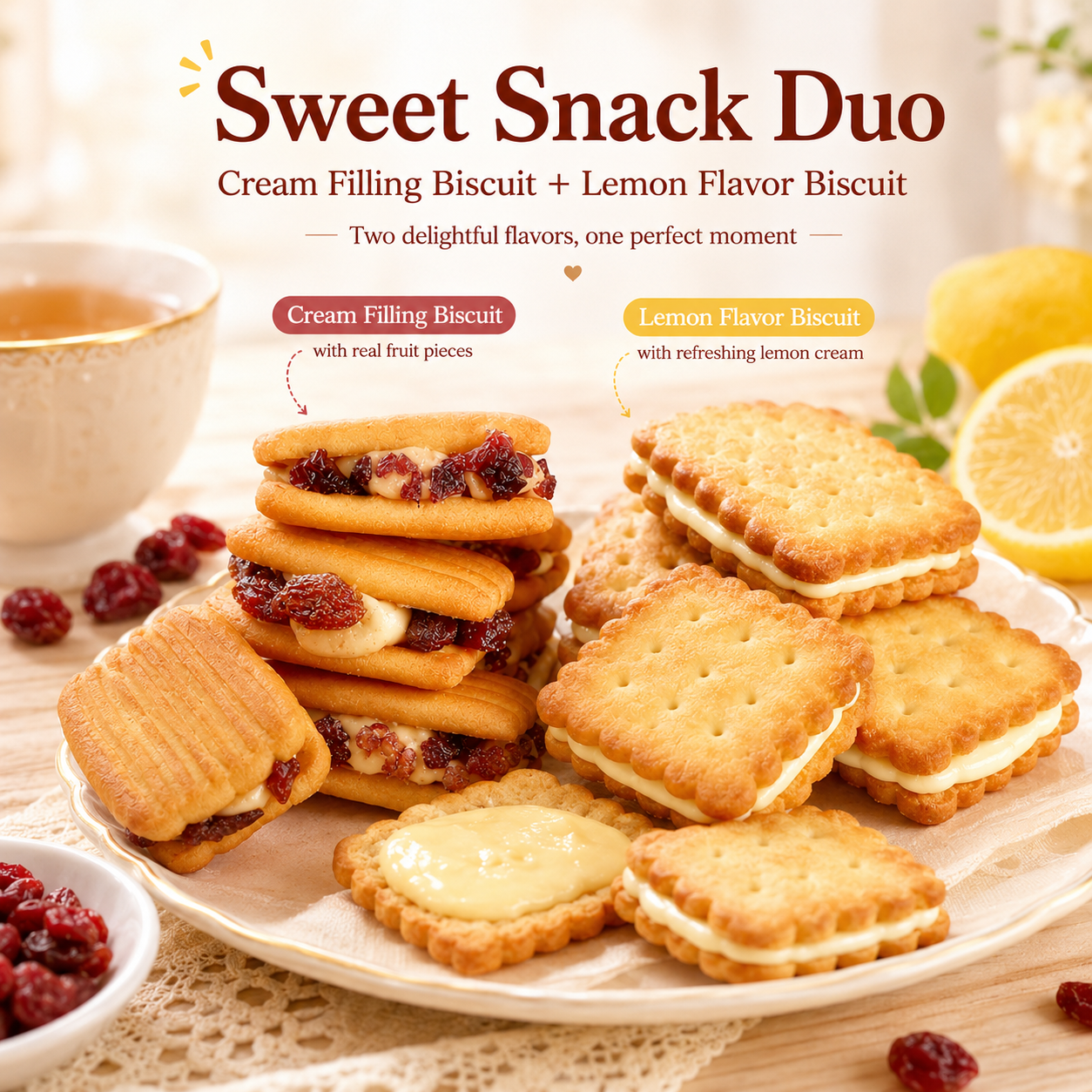 2 Flavor Sandwich Biscuits Combo Pack, Cream Filling Crisp Shortbread with Real Fruit Pieces & Refreshing Lemon Cream Cracker Cookies, Office Tea Break Snacks