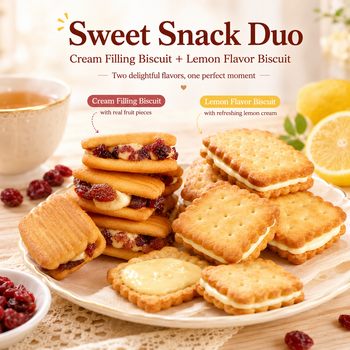 2 Flavor Sandwich Biscuits Combo Pack, Cream Filling Crisp Shortbread with Real Fruit Pieces & Refreshing Lemon Cream Cracker Cookies, Office Tea Break Snacks