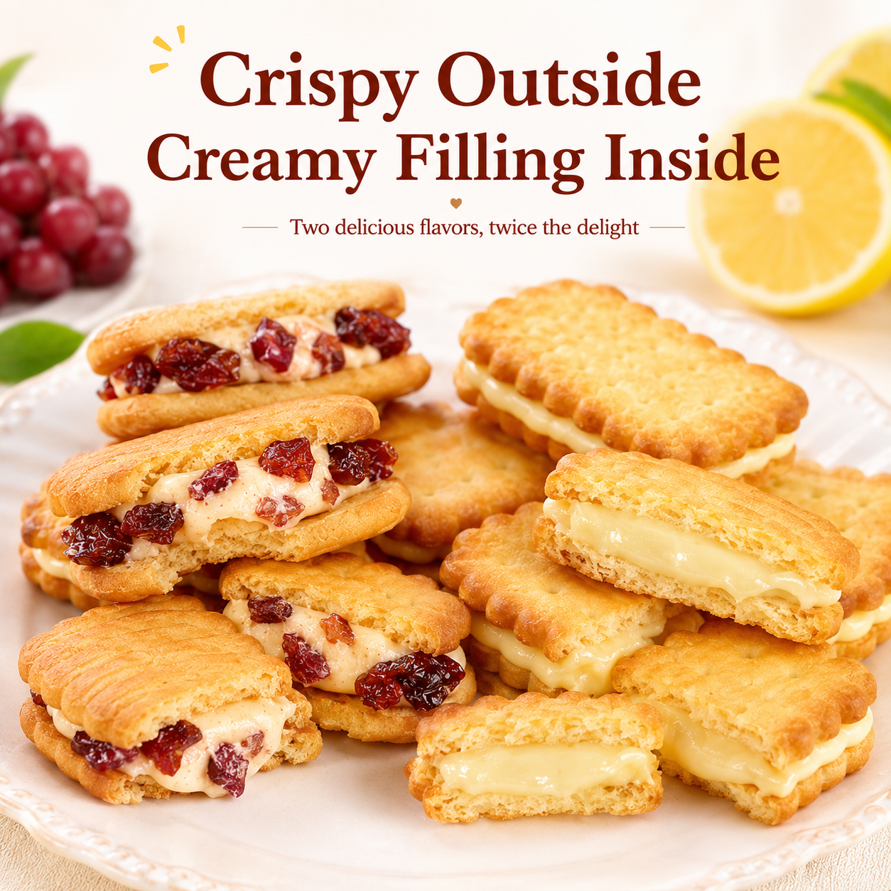 2 Flavor Sandwich Biscuits Combo Pack, Cream Filling Crisp Shortbread with Real Fruit Pieces & Refreshing Lemon Cream Cracker Cookies, Office Tea Break Snacks