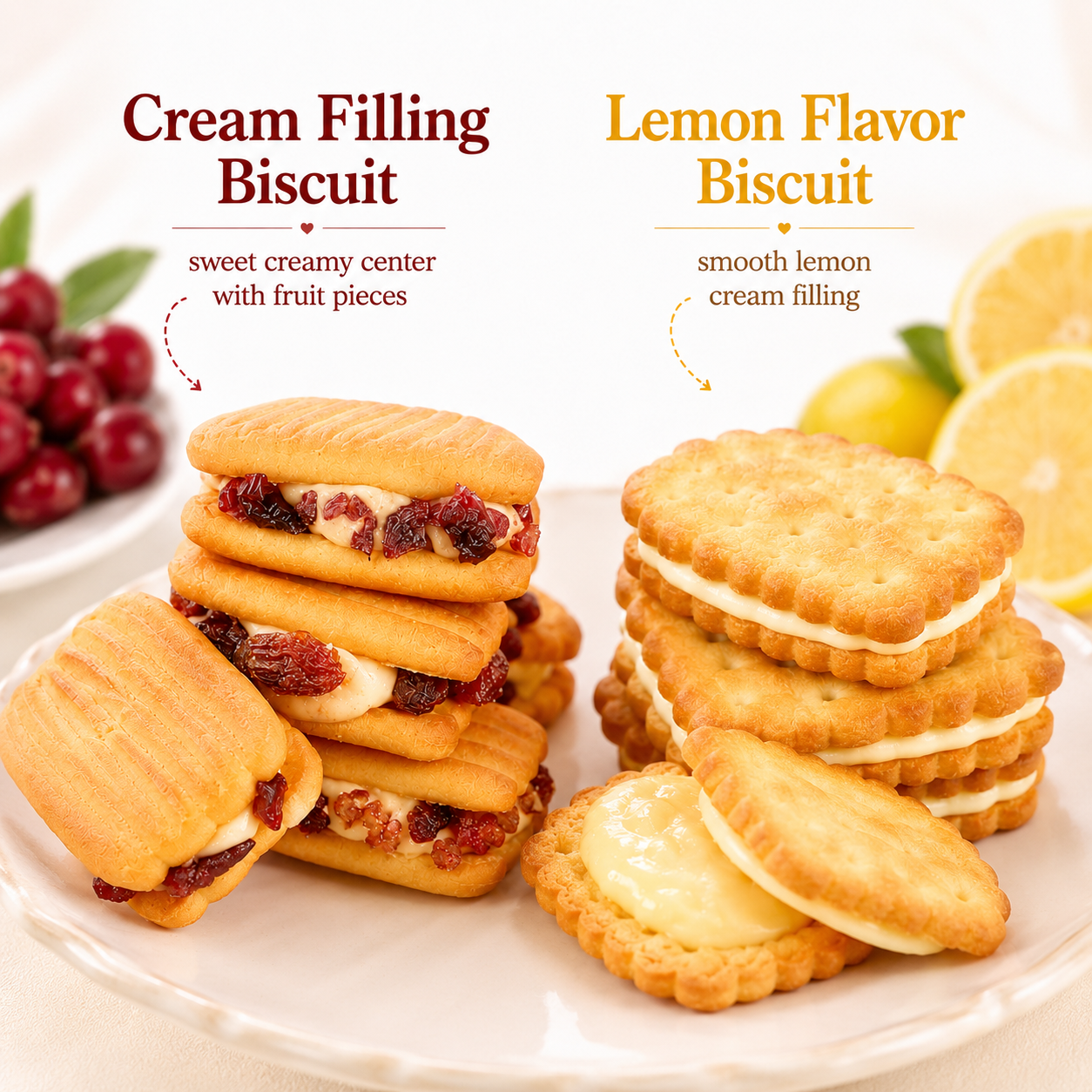 2 Flavor Sandwich Biscuits Combo Pack, Cream Filling Crisp Shortbread with Real Fruit Pieces & Refreshing Lemon Cream Cracker Cookies, Office Tea Break Snacks