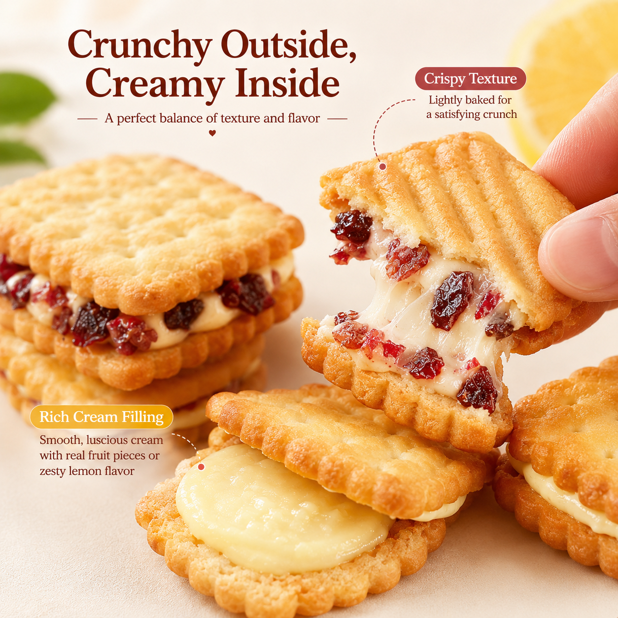 2 Flavor Sandwich Biscuits Combo Pack, Cream Filling Crisp Shortbread with Real Fruit Pieces & Refreshing Lemon Cream Cracker Cookies, Office Tea Break Snacks